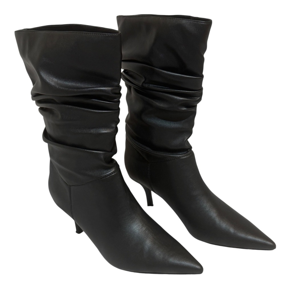 Marc Fisher Black Leather Slouch Kitten Heel Pointed Toe Boots Womens 8M